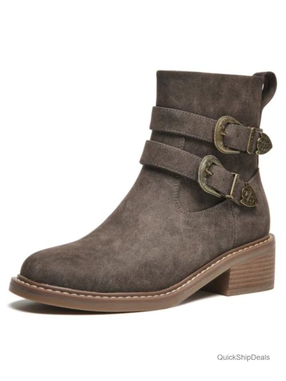 Women's Faux Leather Ankle Boots Double Buckle Block Heel Zip Round Toe